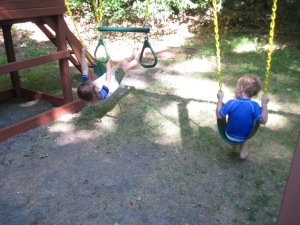 Arobatics are no problem for Itty Bitty, and Mini Moose is a swing pro!